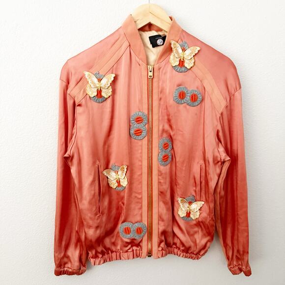 JOSEPH | Luxury Satin Bomber Jacket Coral Peach Butterfly Appliqué | 38, Medium - Picture 2 of 13